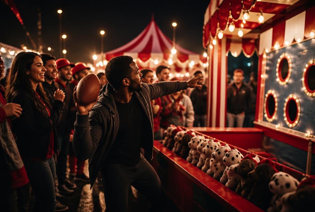 Fans throwing footballs at a lit carnival game booth in a stadium fan zone