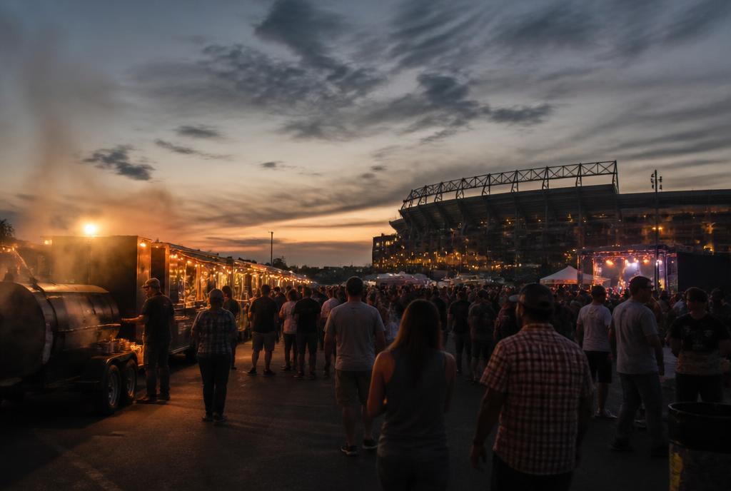 Food trucks, string lights and crowds outside a stadium at dusk